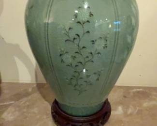 Celadon Glazed Floral Ceramic Vase with Wooden Stand