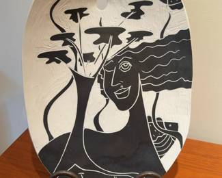 Mia Tyso. Modernist Black and White Ceramic Art Platter with Stylized Portrait