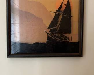 Vintage Virgil Thrasher Nautical Sailboat Sunset Art on Glass