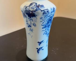 Blue and White Porcelain Bud Vase with Floral and Bird Motif