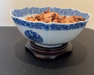 Blue and White Porcelain Scalloped Bowl with Wooden Base