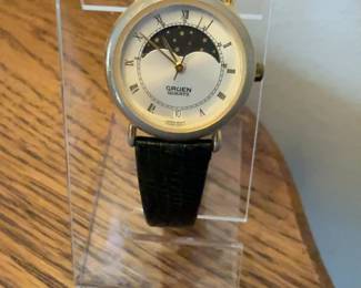 Vintage Gruen Quartz Moonphase Watch with Black Leather Strap