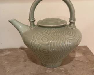 Celadon Glazed Ceramic Teapot with Swirl Pattern