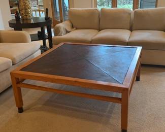 Square Wood Coffee Table with Inlaid Leather Top - 3’10” x 3’10”