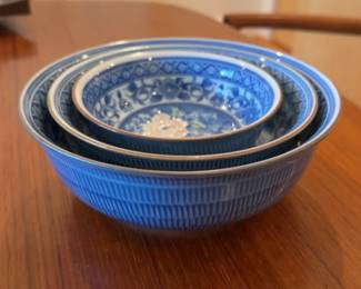 Set of 3 Blue and White Ceramic Floral Serving Bowls