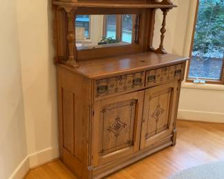Antique Oak Sideboard Buffet with Mirror and Carved Details