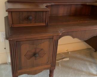 Vintage Walnut Wood Vanity with Large Shield Mirror