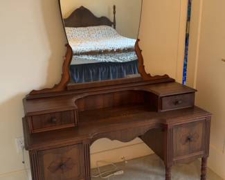 Vintage Walnut Wood Vanity with Large Shield Mirror