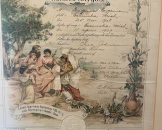 Vintage Framed Swedish Baptismal Certificate 1938