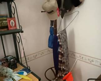 Wooden Coat Rack with Hats and Scarves