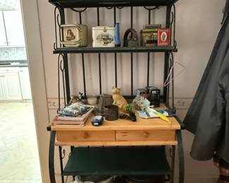 Vintage Wrought Iron and Wood Bakers Rack with Collectibles