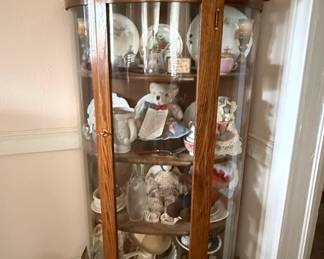Antique Tiger Oak Curved Glass Curio Cabinet