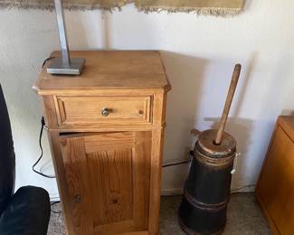 pine night stand/cabinet,  antique butter churn