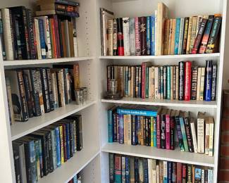 Bookcases, books, pewter pitchers, goblets, plates