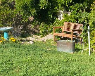 teak bench, fountain, copper pots