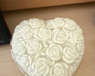 Lenox White Ceramic Heart-Shaped Trinket Box with Rose Motif