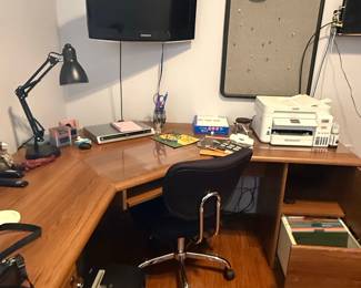 Wooden L-Shaped Desk with Office Supplies
