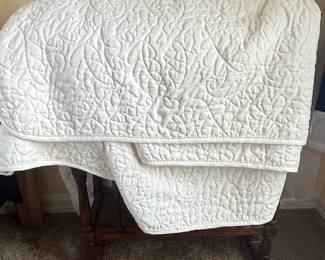 Vintage Wooden Quilt Rack and White Quilted Throw