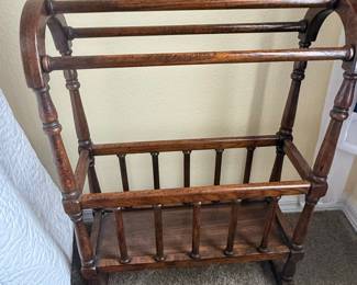 Vintage Wooden Quilt Rack and White Quilted Throw