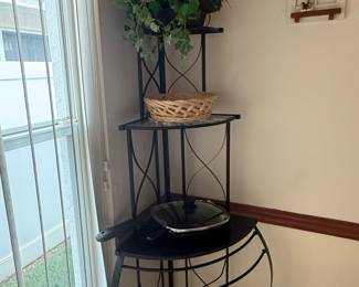 Wrought Iron Tiered Corner Shelf with Faux Plant and Basket