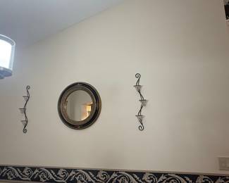 Ornate Round Mirror with Black and Gold Frame and Matching Sconces