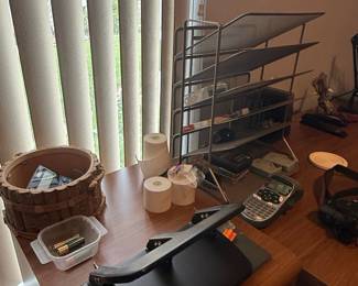 Wooden L-Shaped Desk with Office Supplies