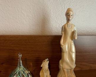 Vintage Lladro "Nurse" Figurine, Small Ceramic Wolf Figurine, and Glass Paperweight