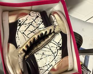 Women's Wedge Sneakers with Snakeskin Print, Splatter Design, and Gold Accents