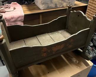 Antique Hand-Painted Folk Art Wooden Doll Cradle