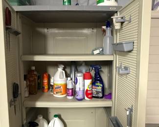 Keter Plastic Storage Cabinet with Assorted Household Cleaning Supplies