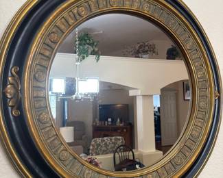 Ornate Round Mirror with Black and Gold Frame and Matching Sconces