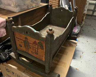 Antique Hand-Painted Folk Art Wooden Doll Cradle