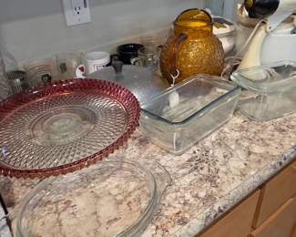 Indiana Glass Diamond Point Ruby Red Serving Platter & Anchor Hocking Milano Lido amber glass pitcher