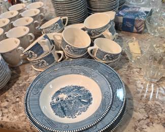  Currier & Ives Blue Dinnerware Early Winter And Old Grist Mill Lot
