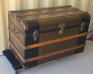 Antique Steamer Trunk Wood Slat Metal Bound Flat Top Chest Vintage Storage