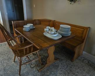 Trestle table corner bench and chair