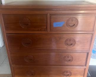 Vintage Asian-Inspired Tallboy Dresser / Chest of Drawers* This is a gorgeous vintage piece! It features a classic Mid-Century Asian/Chinoiserie design with those incredible recessed circular carved wood pulls (often representing a traditional "Shou" or longevity motif). $200
