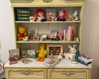 French Provincial dresser & hutch, vintage toys & books 