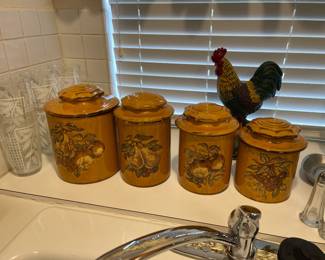 Vintage 4-pc MCM Ceramic Hand Painted Fruit Canister Set Harvest Gold w/Lids USA
