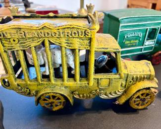 Vintage Cast Iron Overland Circus Truck with Bear: 1980s Toy $50