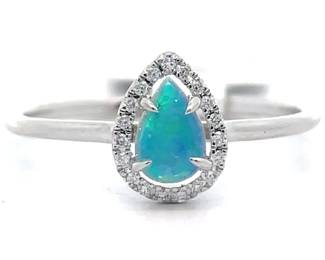 0.35 Carat Natural Opal & Pavé Natural Diamond Pear Halo Ring in 14k White Gold