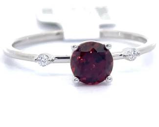 0.77 Carat Natural Red Garnet & Natural Diamond Ring in 14k White Gold