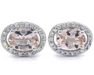 Natural Morganite & Pavé Natural Diamond Halo Stud Earrings in 14k White Gold