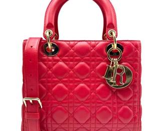 Christian Dior Medium Lady Dior Cannage Lambskin Bag in Cherry Red with Gold Hardware