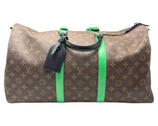 Louis Vuitton Keepall Bandoulière 50 Monogram Canvas Travel Bag with Green Leather Straps Like-New