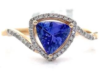 1 Carat Natural Tanzanite & Pavé Natural Diamond Triangular Halo Ring in 14k Gold