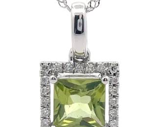 0.64 Carat Natural Peridot & Natural Diamond Square Halo Drop Pendant Necklace in 14k White Gold