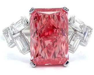 4.44 Carat Fancy Pink & White Diamond Radiant & Baguette Art Deco Ring in 14k White Gold