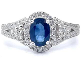 Natural Blue Sapphire & Pavé Natural Diamond Halo Split Shank Ring in 14k White Gold