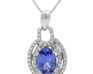 Oval Natural Tanzanite & Natural Diamond Double Halo Pendant Necklace in 14k White Gold